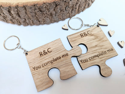 You Complete Me Personalised Jigsaw Keyring, Wooden Valentines Jigsaw Keyring with Initials, You Complete Me Jigsaw Keyring