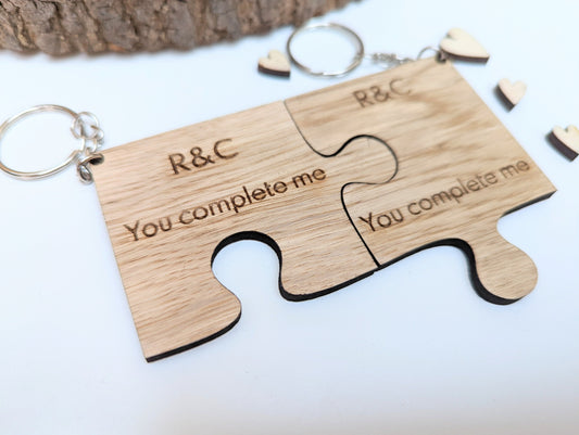 You Complete Me Personalised Jigsaw Keyring, Wooden Valentines Jigsaw Keyring with Initials, You Complete Me Jigsaw Keyring