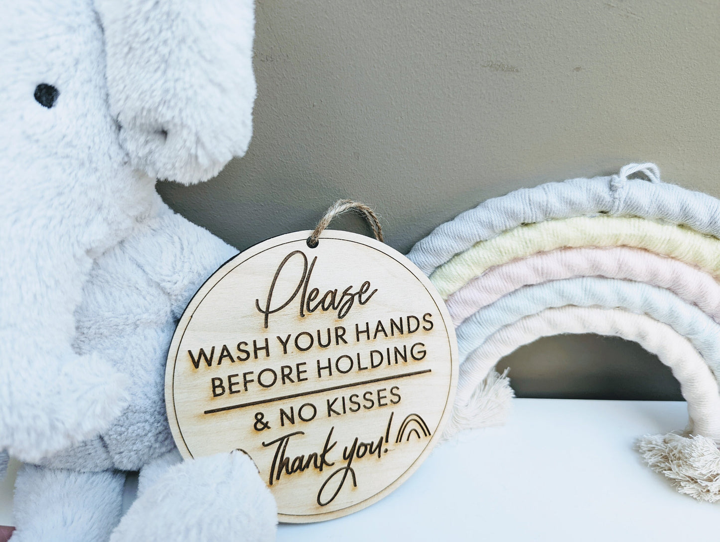 Please Wash Your Hands Before Touching & No Kissing Sign - Baby Wood Engraved Wash Your Hands Before Holding Sign