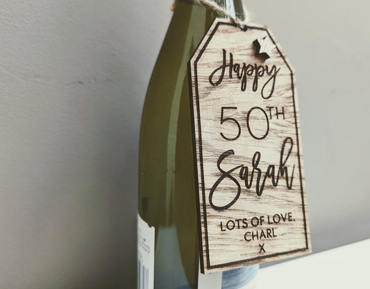 Rustic wooden personalised bottle tags for any occasion. Wooden birthday, wedding, anniversary, new home and Christmas wood bottle tag.