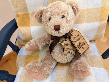 Teddy bear with personalised wooden tag, Newborn teddy bear, Teddy bear for Christening, Teddy bear with name, date and this bear belongs to