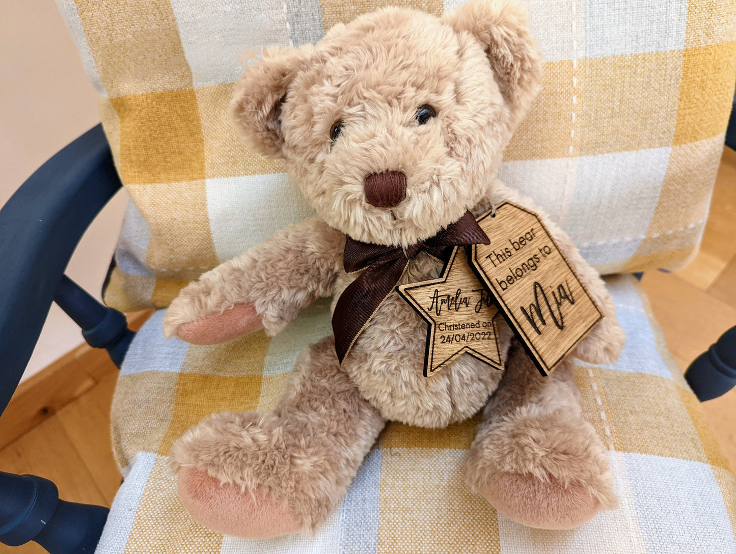 Teddy bear with personalised wooden tag, Newborn teddy bear, Teddy bear for Christening, Teddy bear with name, date and this bear belongs to