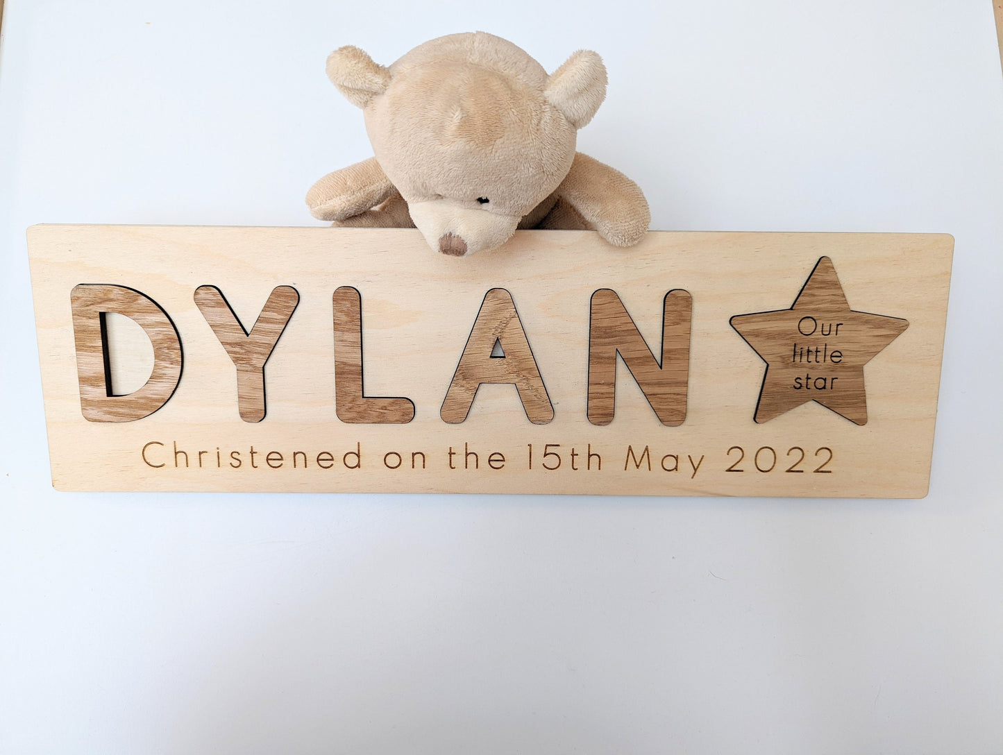 Personalised new baby gift. Christening gift for baby. Wooden puzzle for toddler. Rustic name puzzle board gift. Nursery name puzzle.