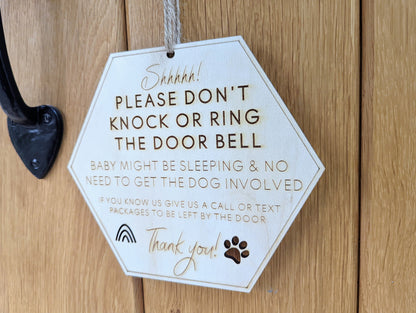 Personalised please don't ring the doorbell our baby is sleeping and our dog will bark sign - Don't wake the baby or disturb the dog sign.