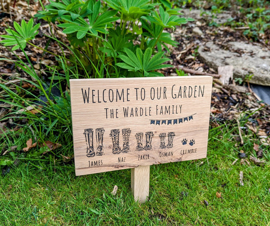 Welcome to our garden wellies family oak sign with wood stake. Personalised garden plaque with stake with family names and pets and wellies