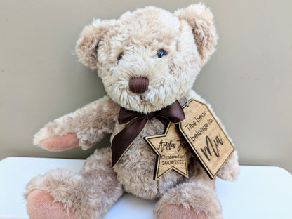 Teddy bear with personalised wooden tag, Newborn teddy bear, Teddy bear for Christening, Teddy bear with name, date and this bear belongs to