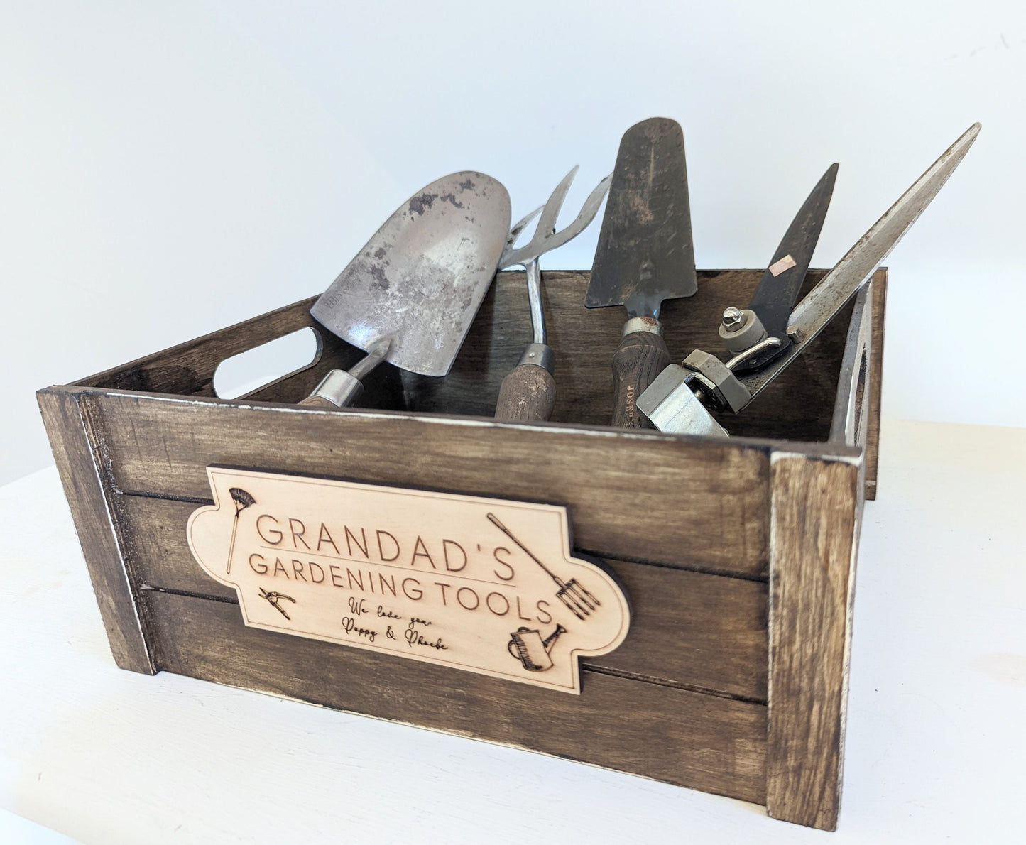 Personalised Rustic Gardening Tools Wooden Crate. Father's Day Gardening Tools Wooden Box With Any Name. Gardening Tools Box for Dad/Grandad