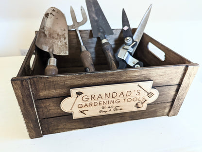 Personalised Rustic Gardening Tools Wooden Crate. Father's Day Gardening Tools Wooden Box With Any Name. Gardening Tools Box for Dad/Grandad