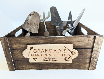 Personalised Rustic Gardening Tools Wooden Crate. Father's Day Gardening Tools Wooden Box With Any Name. Gardening Tools Box for Dad/Grandad