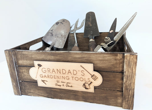 Personalised Rustic Gardening Tools Wooden Crate. Father's Day Gardening Tools Wooden Box With Any Name. Gardening Tools Box for Dad/Grandad