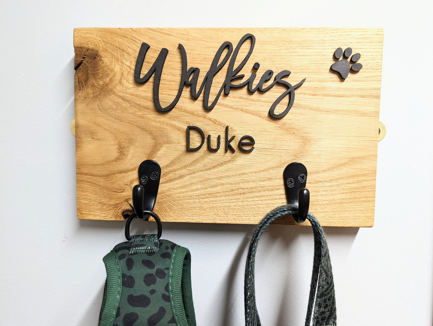 Personalised Walkies dog lead hook sign with oak base and the dog/s name with two hooks. Dog lead hook oak plaque with wording Walkies