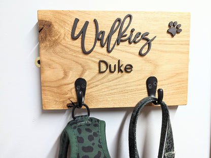 Personalised Walkies dog lead hook sign with oak base and the dog/s name with two hooks. Dog lead hook oak plaque with wording Walkies