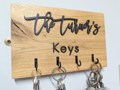 Personalised Family Key Hook Oak Sign. Family name on key hook plaque. Oak key holder with name. Personalised rustic key hook sign