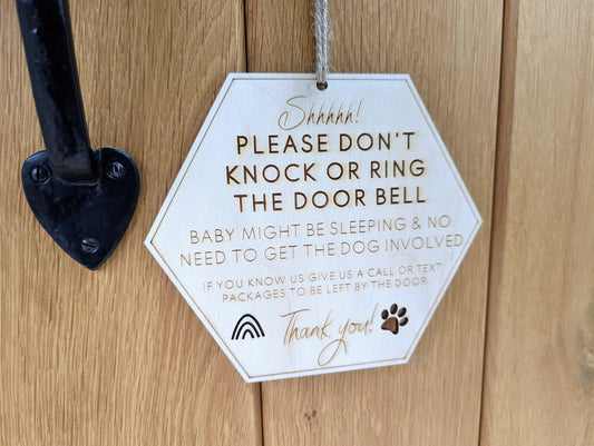 Personalised please don't ring the doorbell our baby is sleeping and our dog will bark sign - Don't wake the baby or disturb the dog sign.