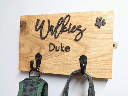 Personalised Walkies dog lead hook sign with oak base and the dog/s name with two hooks. Dog lead hook oak plaque with wording Walkies