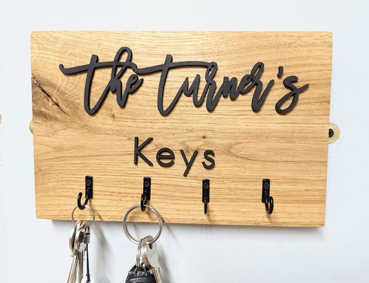 Personalised Family Key Hook Oak Sign. Family name on key hook plaque. Oak key holder with name. Personalised rustic key hook sign