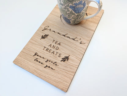 Personalised Rustic Coffee, Tea Sofa Tray - Engraved Wooden Tray for Tea, Coffee & Biscuits, Treats. Gift for Mum, Grandma, Dad, Grandad