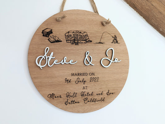 Personalised Wooden Wedding, Anniversary or Engagement Gift - Wooden Sign for Couple with Names, Dates, Places and Images for the Couple