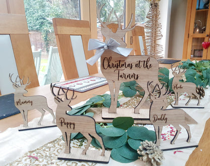 Reindeer Christmas Name Places and Large Reindeer Centrepiece. Wooden Christmas Themed Place Cards. Reindeer with base and name.