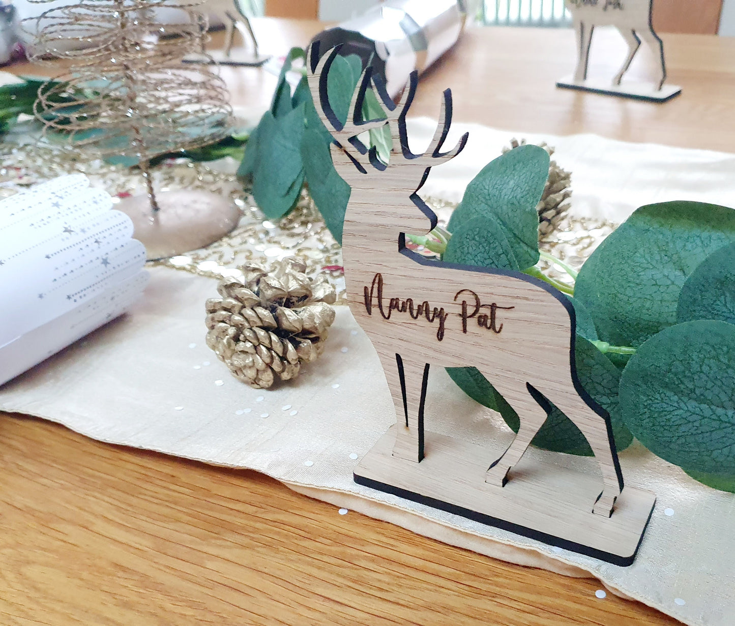 Reindeer Christmas Name Places and Large Reindeer Centrepiece. Wooden Christmas Themed Place Cards. Reindeer with base and name.