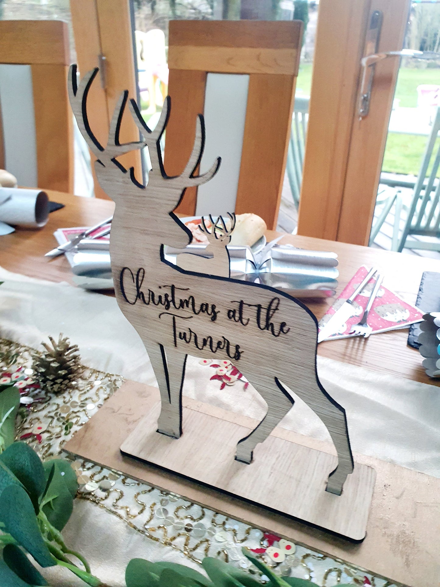 Reindeer Christmas Name Places and Large Reindeer Centrepiece. Wooden Christmas Themed Place Cards. Reindeer with base and name.