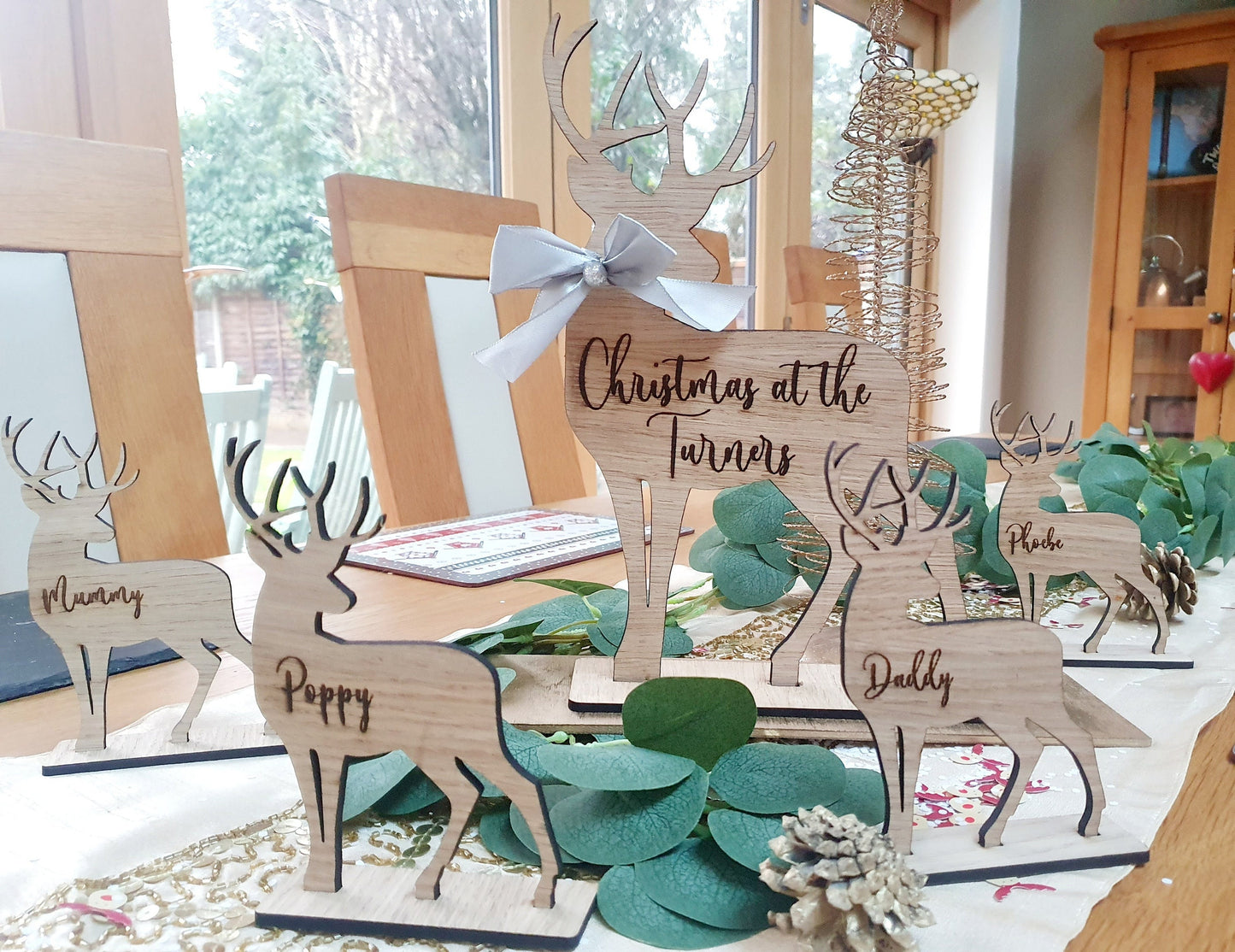 Reindeer Christmas Name Places and Large Reindeer Centrepiece. Wooden Christmas Themed Place Cards. Reindeer with base and name.