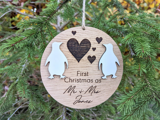 Personalised First Christmas as Mr and Mrs Bauble. Wooden first Christmas as Mr and Mrs Christmas Decoration. Gift for Mr and Mrs