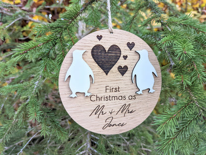 Personalised First Christmas as Mr and Mrs Bauble. Wooden first Christmas as Mr and Mrs Christmas Decoration. Gift for Mr and Mrs