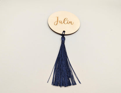 Rustic wooden placename with tassel. Tassels available in a range of colours. Wedding wood place cards with tassel. Tassel place names.