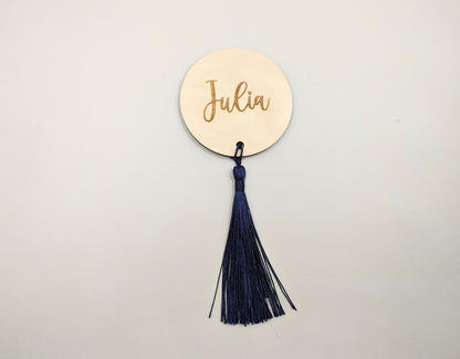 Rustic wooden placename with tassel. Tassels available in a range of colours. Wedding wood place cards with tassel. Tassel place names.