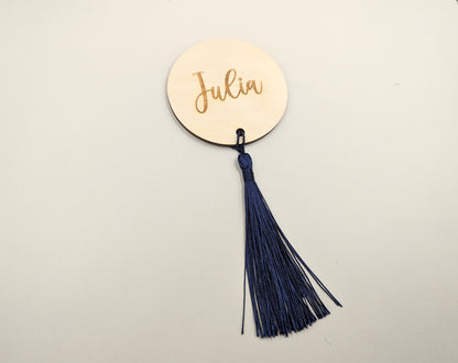 Rustic wooden placename with tassel. Tassels available in a range of colours. Wedding wood place cards with tassel. Tassel place names.