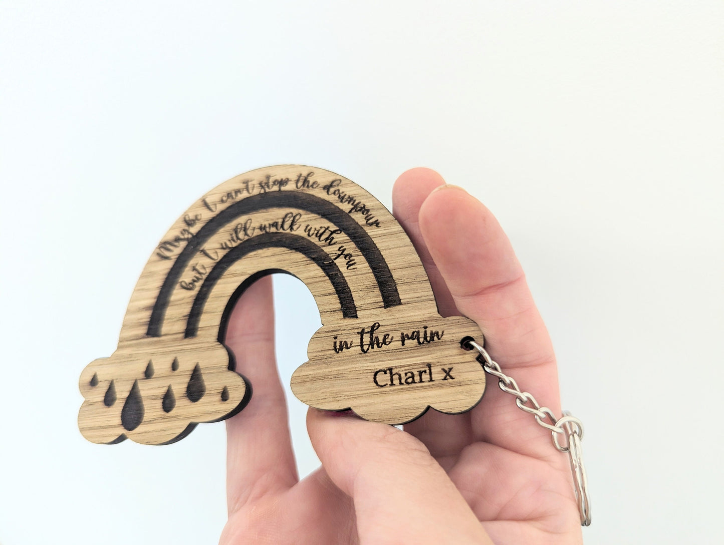 Memory Keepsake Keyring. Personalised Memorial Gift. Sympathy Gift. Maybe I Can't Stop The Downpour But I Will Walk With You In The Rain.