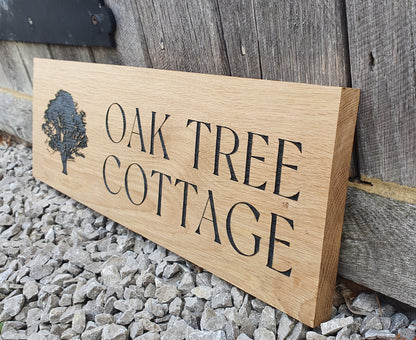 Large Address Sign, Solid Oak, Engraved and Filled With Black Paint - House Name and Any Image Oak Wood Plaque - Custom Outdoor Sign