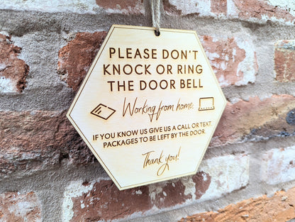 Please don't knock or ring the doorbell working from home sign. Working from home don't disturb sign. Sign for working from home don't knock