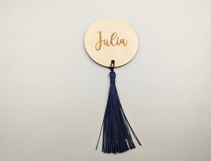 Rustic wooden placename with tassel. Tassels available in a range of colours. Wedding wood place cards with tassel. Tassel place names.