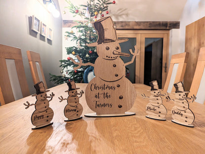 Snowman Christmas Name Places and Large Snowman Centrepiece. Wooden Christmas Themed Place Cards. Snowman with base and name.