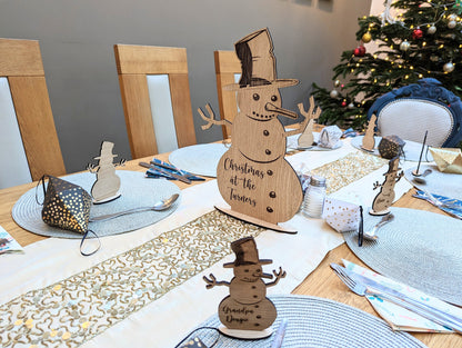 Snowman Christmas Name Places and Large Snowman Centrepiece. Wooden Christmas Themed Place Cards. Snowman with base and name.