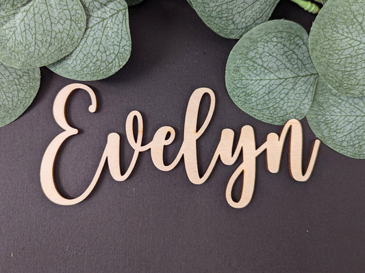 Wooden Wedding Cursive Name Places. Modern Calligraphy Style Place Names. Wood Wedding Names. Wedding Favours for Guests. Wedding Name Tags