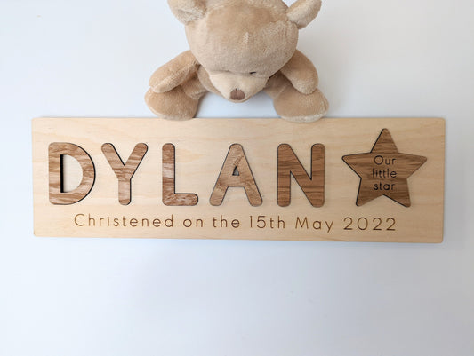 Personalised new baby gift. Christening gift for baby. Wooden puzzle for toddler. Rustic name puzzle board gift. Nursery name puzzle.