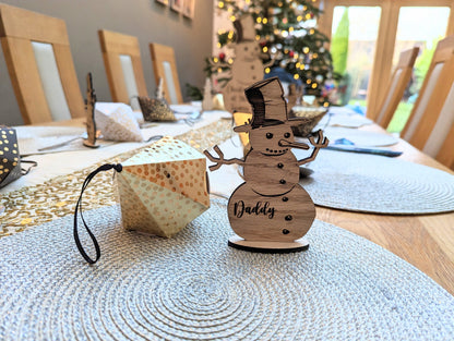 Snowman Christmas Name Places and Large Snowman Centrepiece. Wooden Christmas Themed Place Cards. Snowman with base and name.