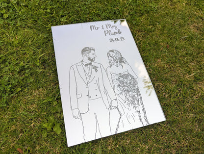 Wedding or anniversary gift. Wedding line drawing gift. Hand drawn wedding portrait engraved on mirrored acrylic. Wedding memory keepsake.