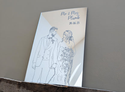 Wedding or anniversary gift. Wedding line drawing gift. Hand drawn wedding portrait engraved on mirrored acrylic. Wedding memory keepsake.