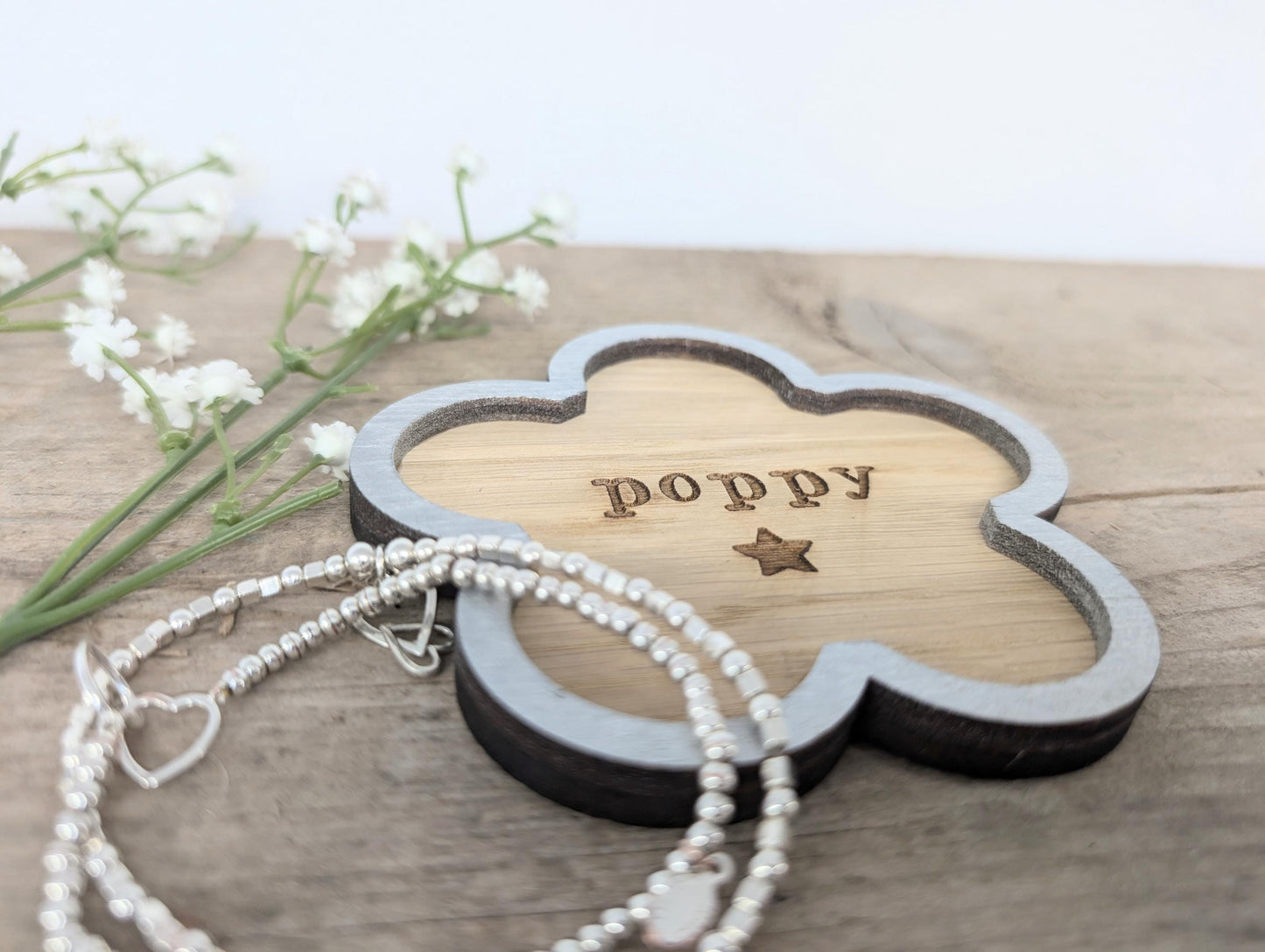 Personalised Named Flower Trinket Dish. Any Name Trinket Tray for all Little Things. Wooden Holder for all Things Trinkets.