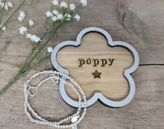 Personalised Named Flower Trinket Dish. Any Name Trinket Tray for all Little Things. Wooden Holder for all Things Trinkets.