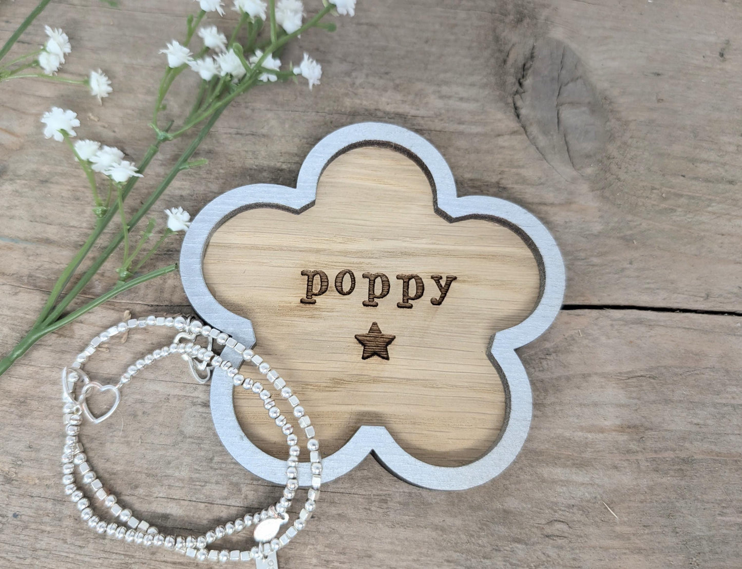 Personalised Named Flower Trinket Dish. Any Name Trinket Tray for all Little Things. Wooden Holder for all Things Trinkets.