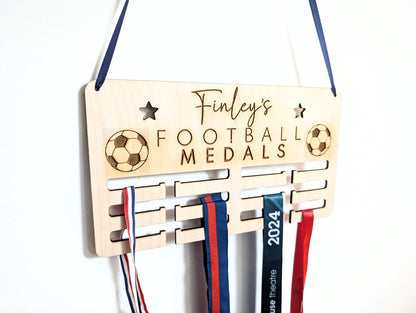 Personalised football medal holder. Wooden football wall medal hanger. Personalised football medal display.  Holder for football medals.