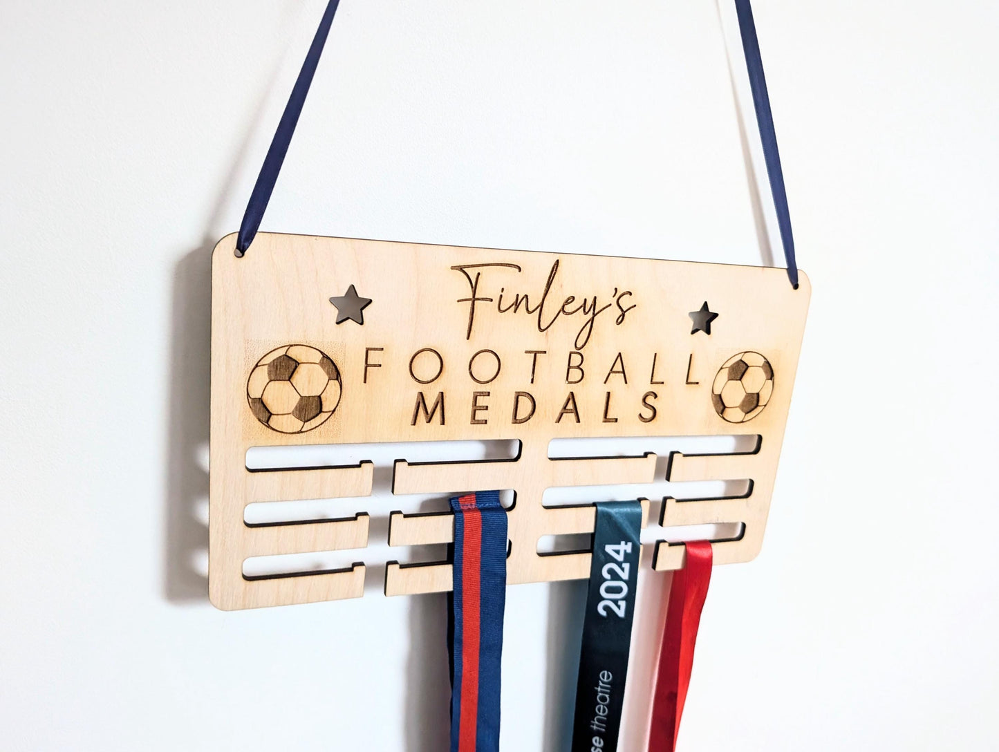 Personalised football medal holder. Wooden football wall medal hanger. Personalised football medal display.  Holder for football medals.