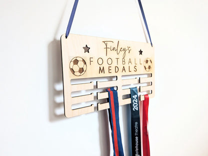 Personalised football medal holder. Wooden football wall medal hanger. Personalised football medal display.  Holder for football medals.