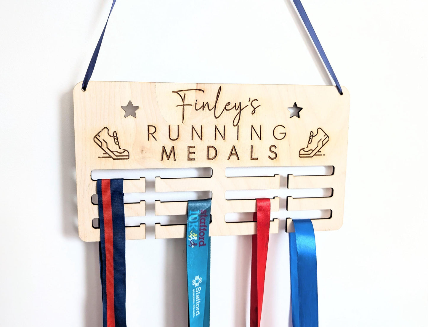 Personalised running medal holder. Wooden wall running medal hanger. Personalised running medal display. Medal holder for running.