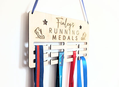 Personalised running medal holder. Wooden wall running medal hanger. Personalised running medal display. Medal holder for running.